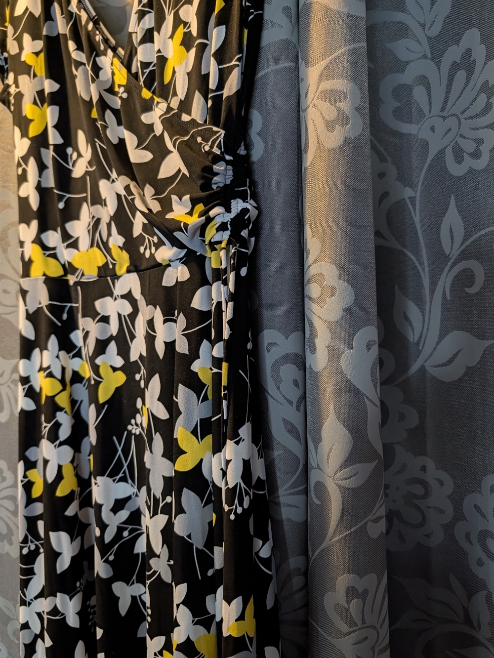 Black Floral Wrap Dress with Yellow Accents